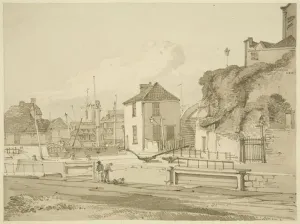 Bristol City Landmarks Drucke: Entrance Lock from Floating Harbour to Bathurst Basin, 1822 (pencil & w / c on paper)