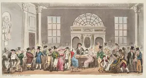 Bekannte Besucher im Pump Room, Bath, nehmen einen Schluck mit König Bladud.