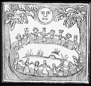 Zirkel der Hexen tanzen unter einem Vollmond, Illustration aus einer Sammlung von.