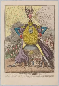 Geld Drucke: Midas, alle in Goldpapier verwandelnd; Verlag 1797 (händisch gefärbte Lithographie)