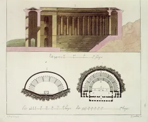 Giulio Ferrario Illustration Drucke: The Odeon of Pericles: plan and cross section