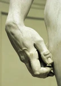 "David, von Michelangelo (1475-1564), Skulptur in Weißmarmor, 410 cm Höhe, Detail, 1501-1504".