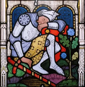 Schlafender Ritter, Detail aus dem Fenster "Die Auferstehung", 1863 (Fensterscheibe).