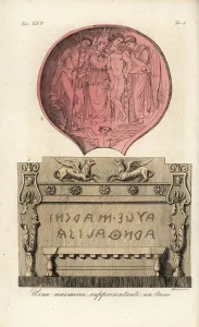 Giulio Ferrario Costume Book Drucke: Ancient Etruscan marble urn showing a regal throne 1