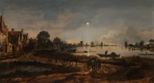 Wasserreflexe In Der Malerei Drucke: Flussansicht bei Mondlicht, um 1640/50 (Öl auf Holz)