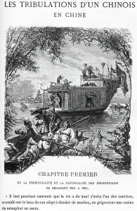 Zeichnung von Leon Benett, illustrierend den Anfang des ersten Kapitels aus Jules Vernes Buch Die Tribulationen eines Chinesen in China - Hetzel-Ausgabe/Extraordinäre Reisen 1879.