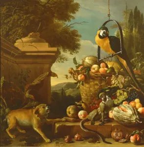 Drucke von Ein Makak und eine Kakaubebe mit Öl auf Leinwand von Hondecoeter, Melchior de (1636-95); Privatbesitz; Mit freundlicher Genehmigung von Thomas Brod und Patrick Pilkington; Niederländisch Stilleben Kunstwerk Drucke: Makawa und ein Affe (Öl auf Leinwand)