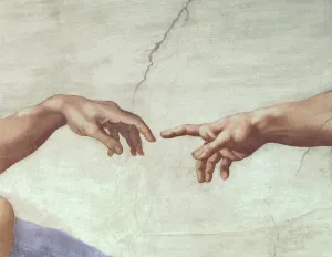 Drucke von Hände Gottes und Adams Detail aus 'Die Schöpfung Adams', von der Sistine Ceepling 1511 (Fresko) vor Restaurierung durch Buonarroti Michelangelo (1475-1564); Vatikanische Museen und Galerien Michelangelo Drucke: Hände Gottes und Adams, Detail aus der Schöpfung Adams von dem Decken des Sisinnas