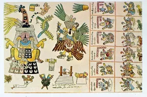 Faksimiliekopie des Codex Borbonicus, detaillierte Darstellung von Tlalzeloteolt und Teskatliopoka auf Vellum