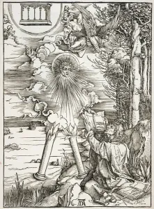 Szene aus der Apokalypse, St. Johannes frisst das Buch, lateinische Ausgabe, 1511 (Holzschnitt)