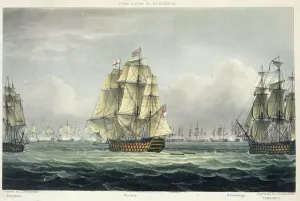 Die HMS Victory segelt zur französischen Linie und wird von der Euryalus flankiert