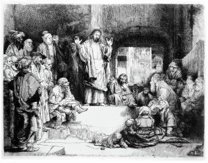 Drucke von XJF412266 Christ predigt, um 1652 von Rembrandt Harmensz. van Rijn (1606-69) gezeichnet; Privatbesitz; (Addition: Die kleine Grabstelle); Niederländisch, urheberrechtlich nicht geschützt Rembrandt Drucke: Christ predigt, um 1652 (Münze)