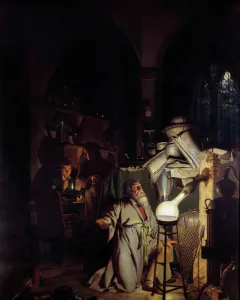 Bildende Kunst Drucke: Der Alchemiste versucht die philosophische Steine zu entdecken Gemälde von Joseph Wright of Derby