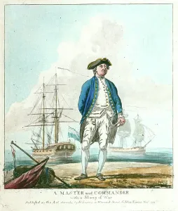 Royal Navy Uniform Drucke: A master and commander with a sloop of war, 1777 (coloured etching)