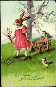 Easter Sunday Motifs Drucke: Happy Easter, Easter Bunny pulls wagons, Easter eggs, sparrows