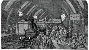 London Underground History Drucke: The Workmen's Train'. From Gustave Dore and Blanchard Jerrold London: A Pilgrimage London 1872