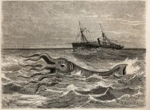 Drucke von LSE4325786 Ein 18-Fuß-Riesenoctopus (oder Tintenfisch), gesehen im Meer vierzig Meilen von Teneriffa (Spanien), durch die Besatzung der Alecton, einem Dampfschiff unter dem Befehl des Erzählers Französisch-Guayana Drucke: Ein 18-Fuß-Riesenoktopus (oder Tintenfisch)
