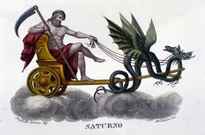 Unbekannter Künstler Drucke: Der Gott Saturn (oder Kronos) auf einem Panzer, der von zwei Drachen besetzt wird