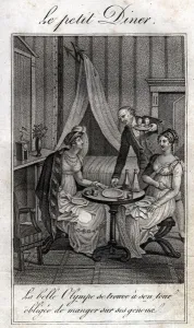 Black And White Domestic Scene Drucke: Little dinner. Olympe de Gouges (1748-1793), French woman of letters