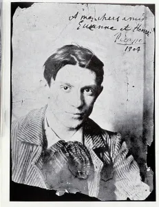 Drucke von Ein Bild von Pablo Picasso aus dem Jahr 1904, mit Widmung - in 'Picasso, iconographische Dokumente' von Sabartes, 1954 Pablo Picasso Drucke: Pablo Picasso in 1904