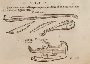 Historical Music Illustrations Drucke: Representation of string instruments and archer. Page taken from Musurgia practical