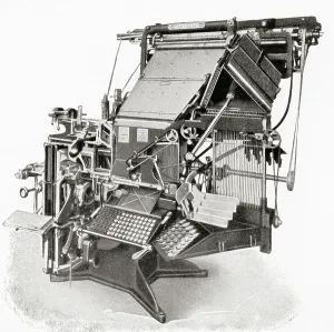 Black And White Industrial Photos Drucke: The Intertype interlocking typecasting machine, from Meyers Lexicon, pub. 1927