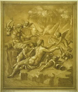 Leda und der Schwan, Radierung von Acacciati, aus einem Zeichnung von Giulio Romano, 18. Jahrhundert.