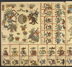 Ancient Mexican Art Drucke: In the centre, a representation of an eclipse;On the left