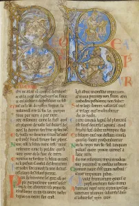 Initial B, Anfang von Psalm 1. Verzierter Initialbuchstabe, mit David schreibend und darunter ein Spiel auf einer Saiteninstrument.