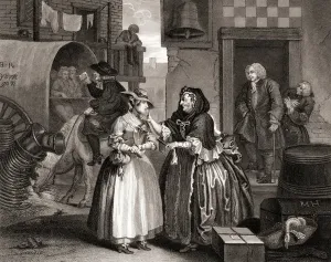 Die Fortschritte der Dirnen verwickelt von einer Zuhälterin, aus den Werken von Hogarth in London 1833 veröffentlicht