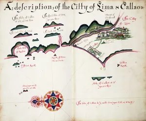 South America Cartography Drucke: Map of Lima and Callao, 1685 (bound sheet)