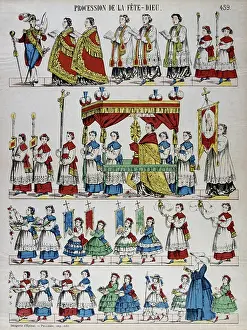 Catholicism In France Drucke: Catholic religious procession with priests, children and incense. French c.1850