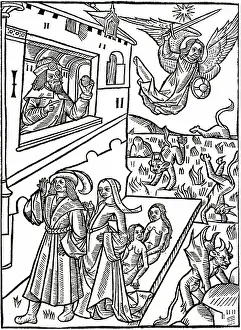 Xvi Century Engraving Drucke: Devils are pursued by the Archangel Saint Michael