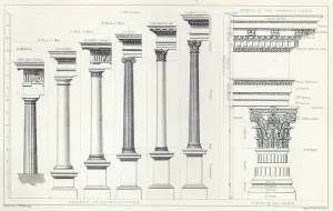 Zeichnung Drucke: Architektur I: Bautypen der Architektur von Charles Lawrie (Gravatur)