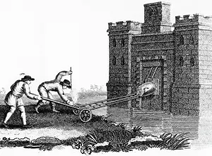Stipple Engraving Artwork Drucke: Method of fixing a petard (explosive device) to a fortress gateway when protected by a moat