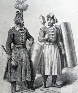 Gravur, die Typen der alten Magyaren darstellt.
