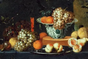 Drucke von Stillen Lebensfrucht von Gillemans und Jan Pauwel der Ältere 1618 - 1675 im Simon Carter-Gallery in Woodbridge bei Suffolk im Vereinigten Königreich. Flandisch aus dem Urheberrecht frei Stilleben Kunstwerk Drucke: Stille Nachbildung von Früchten