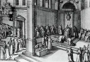 Historic Religious Artwork Drucke: Absolution of King Henry IV, 1595 (engraving)