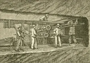Civil Engineering History Drucke: Boring rock in construction of tunnel in England. 19th century (engraving)