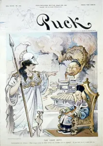 Der Aufstieg des Boxers, China, 1899-1901: Zivilisation sagt dem chinesischen Kaiser zu, dass die erste Pflicht darin besteht, den Drachen der Rebellion zu töten; wenn er dies nicht tut, muss sie es tun. Titelseite eines amerikanischen satirischen Magazins Puck vom 8 August 1900