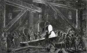 Ein Rollen für eine Walzmillie zum Stahlbahnrollen in der Stadt Bilston im Land Staffordshire (England) gipseln. Schneiden: 1870