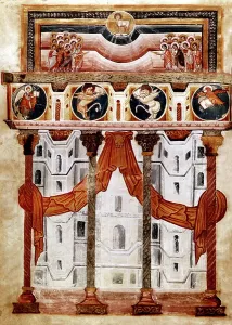 Historical Bible Illustrations Drucke: the celestial Jerusalem and the four Evangelists Matthew
