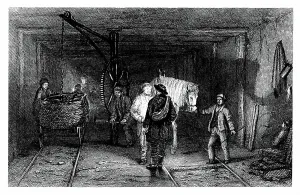 British Coal Industry Drucke: Coal Mining: Underground scene showing full baskets, 1860 (engraving)
