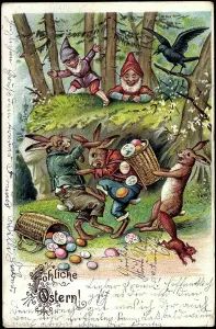 Easter Egg Hunt Postcard Drucke: Congratulations Easter, Easter bunnies fighting for Easter eggs