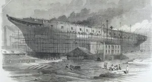 Vintage Transportation Methods Drucke: The construction of a large ship, 1860 (engraving)
