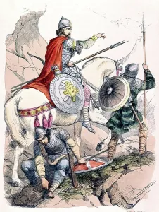 Medieval Engraving Drucke: a count and his vassals, 8th-9th centuries