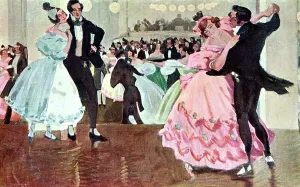 Historic Postcard Art Drucke: couples dancing The Blue Danube waltz, postcard c. 1910-1920
