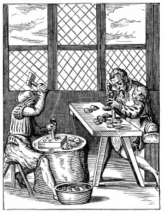 Jost Amman Artwork Drucke: Dice Maker's Workshop. By Jost Amman, 16th century (woodcut)