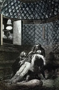 Science Fiction Artwork Drucke: Emergency in the padded interior of the space capsule, 1865 (engraving)