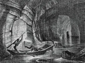 Die Styx erkunden, ein unterirdischer Fluss in der Mammoth Cave, dem System von Kalksteinhöhlen im Bundesstaat Kentucky, USA. Holzschnitt um 1870.